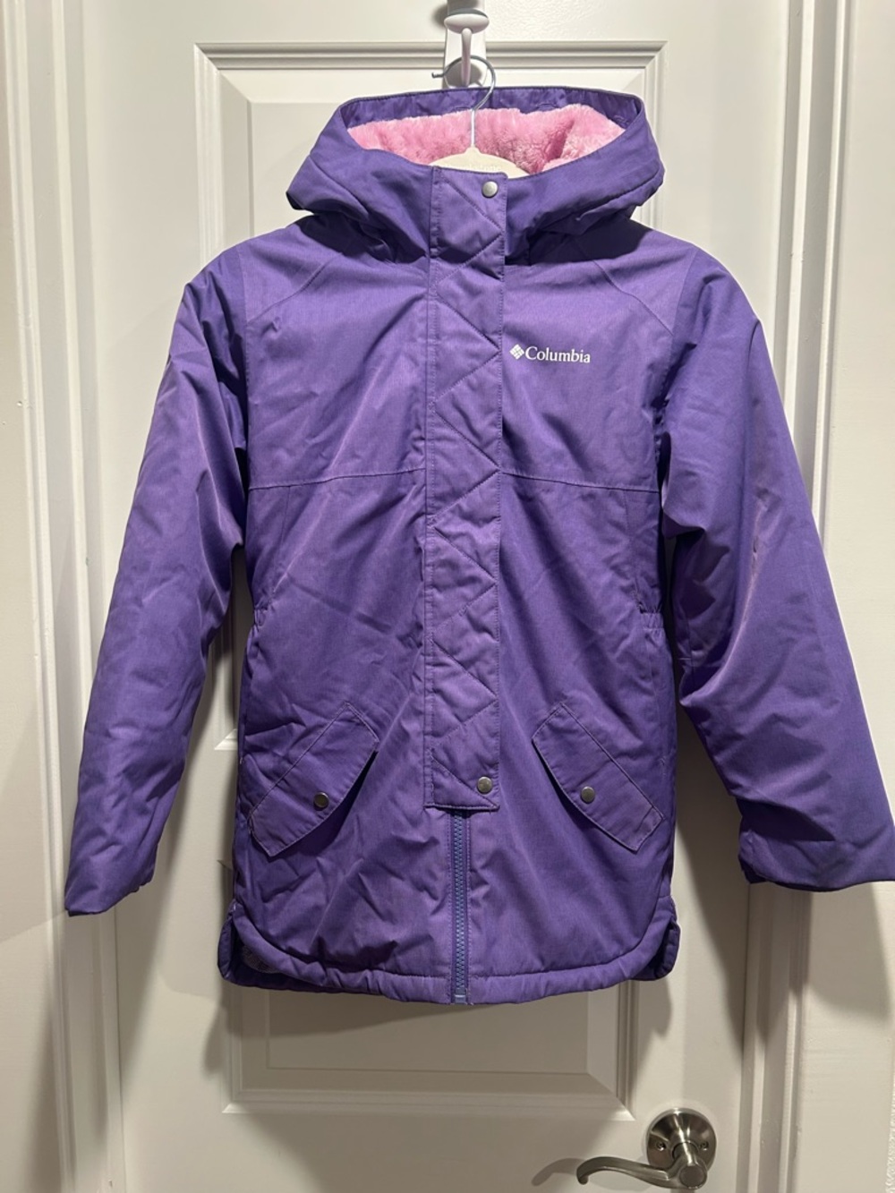 Columbia Purple Kids Hooded Puffer Jacket with Pink Lining